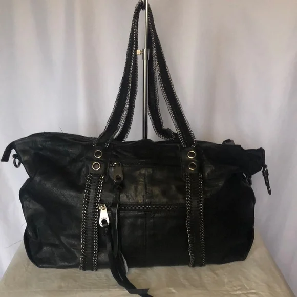 JOELLE HAWKINS large black genuine leather shoulder handbag. Silver hardware. - Picture 1 of 14